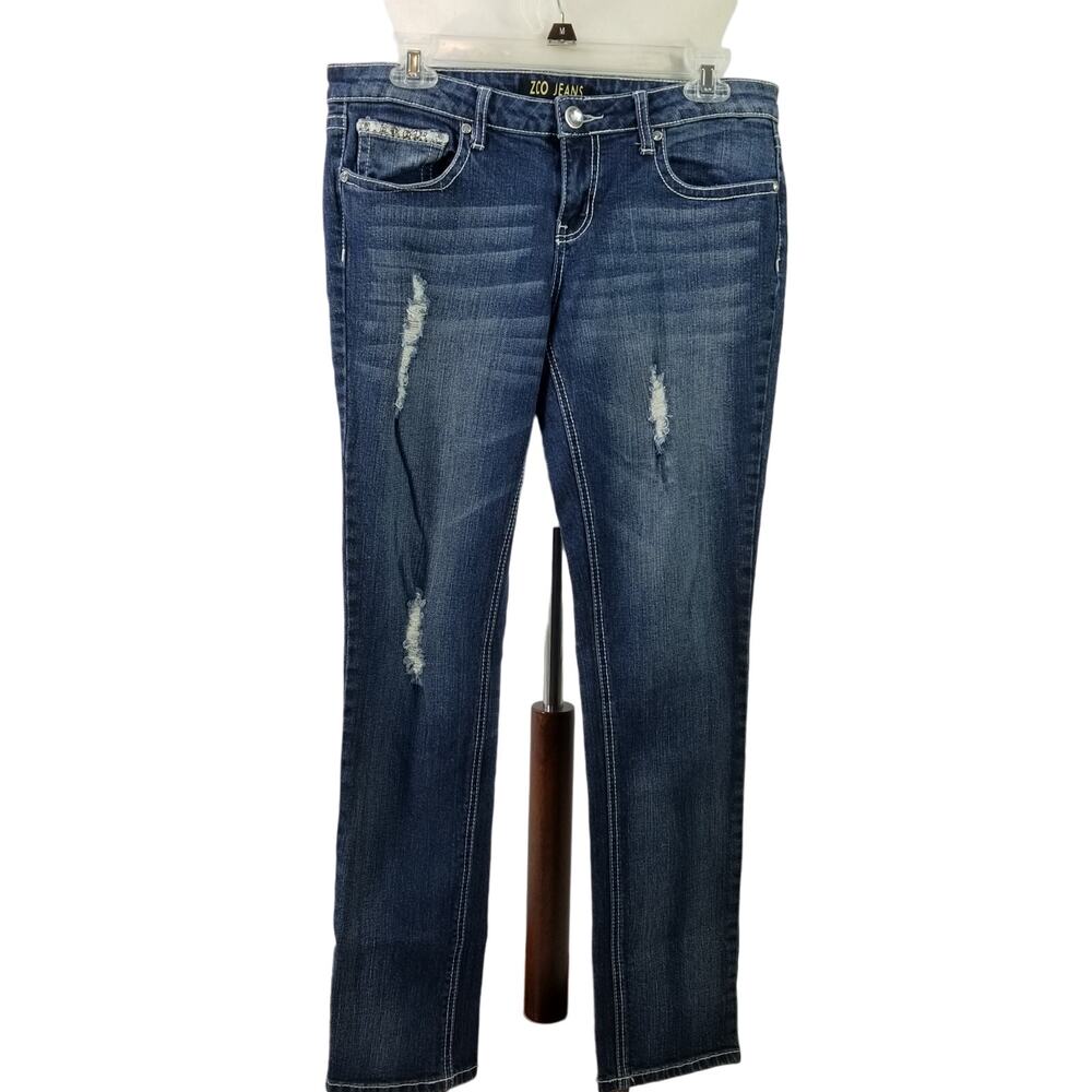 ZCO Denim Blue Jeans Bling Flap Rhinestone Pockets Distressed Straight 11 W 30